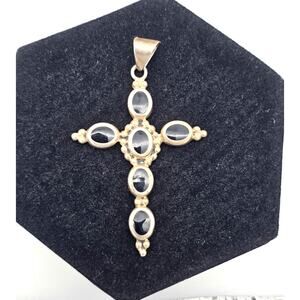 Vintage Mexico Sterling Silver Black Onyx Cross ATI Pendant 2.5 Inches